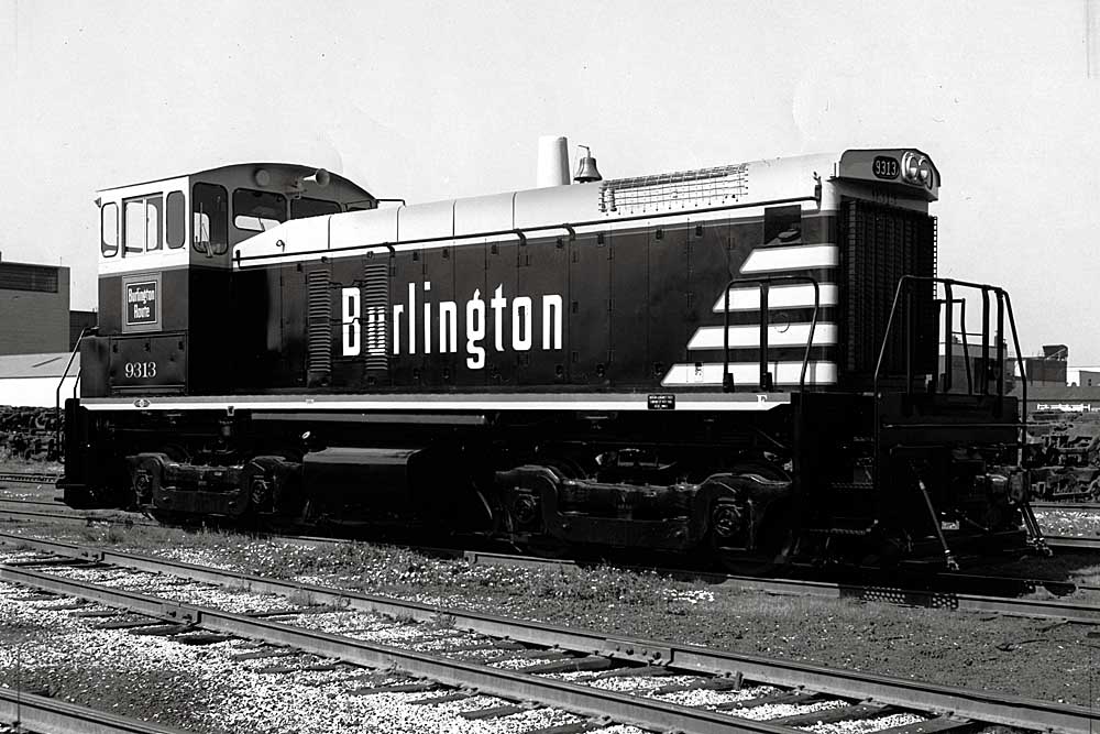 End-cab diesel locomotive in black-and-white