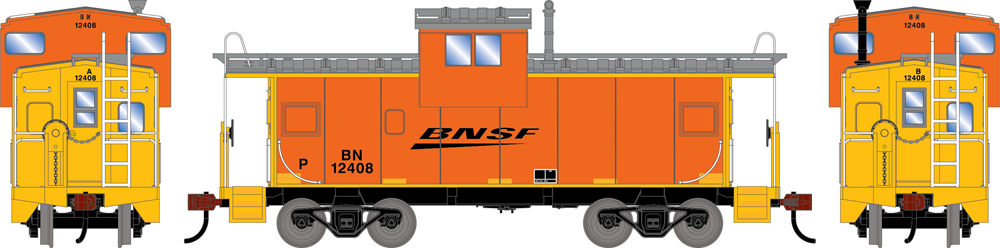 An orange and yellow model caboose