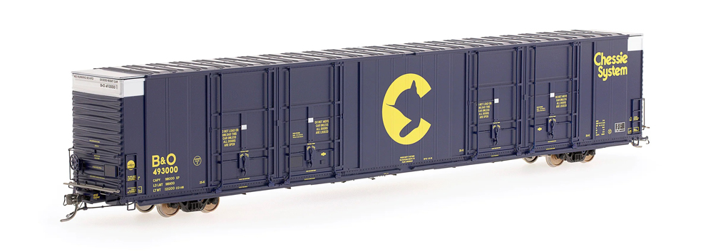 A navy blue model freight car with a yellow sleeping cat logo