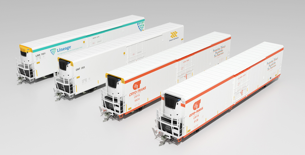 A set of four white model freight cars