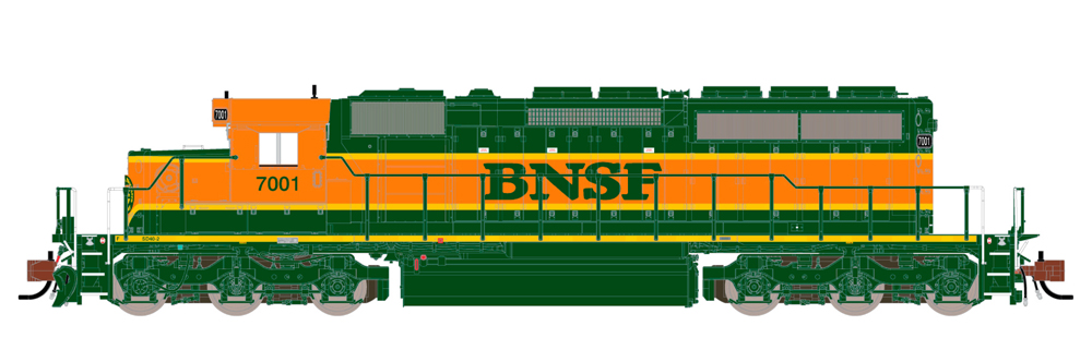 A green and orange model locomotive