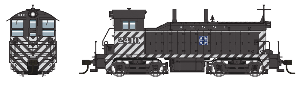 A black model locomotive with white stripes