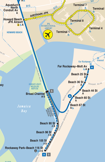 Map of New York subway lines to Far Rockaway and Rockaway Park