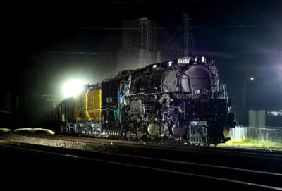 Big Boy steam locomotive resting in night scene. Union Pacific Big Boy Home Run Express.