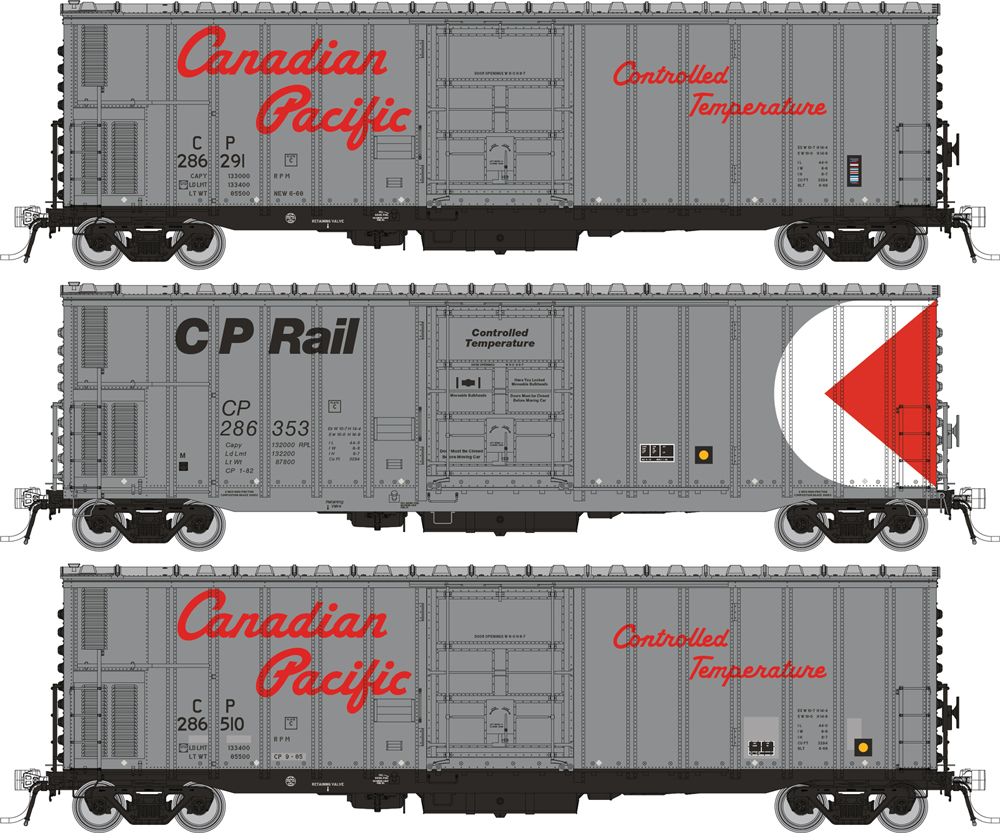 An illustration of three gray model freight cars with red and black lettering