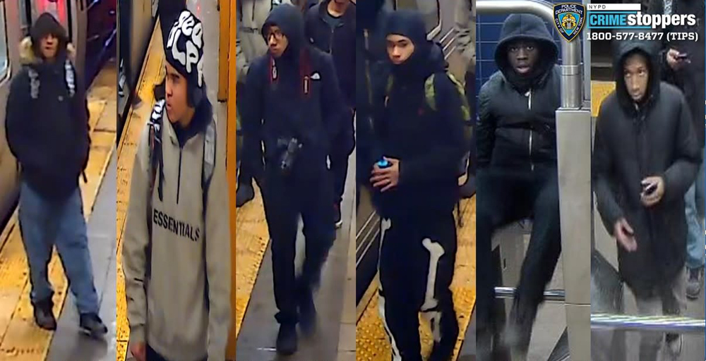 Six images of young men in subway station