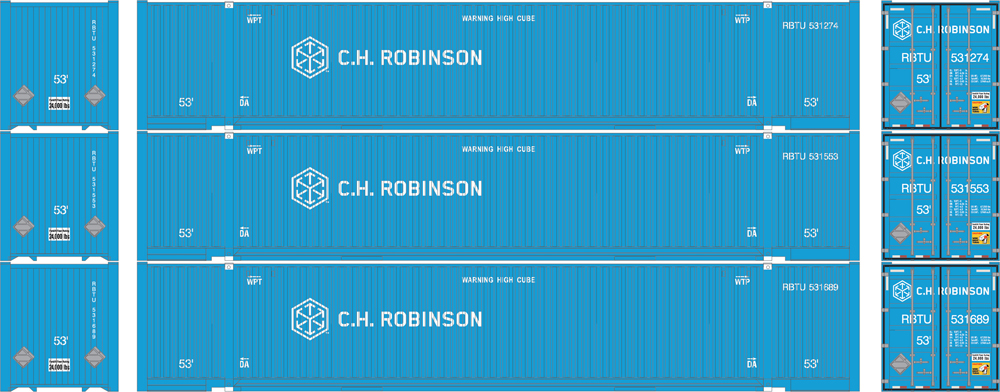 A set of three blue model 53-foot containers
