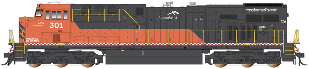A black and orange model locomotive