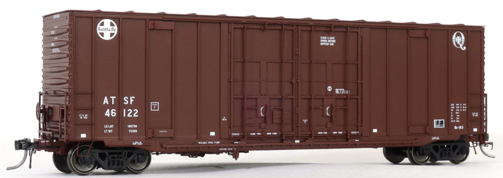 A dark red model freight car