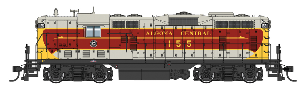 A white and red model locomotive with yellow details and lettering