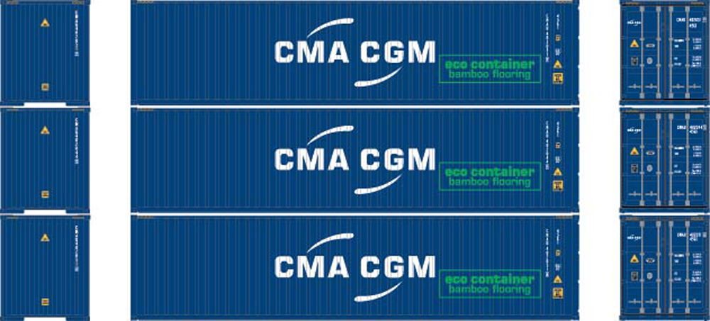 Three blue model containers with white and greenlettering