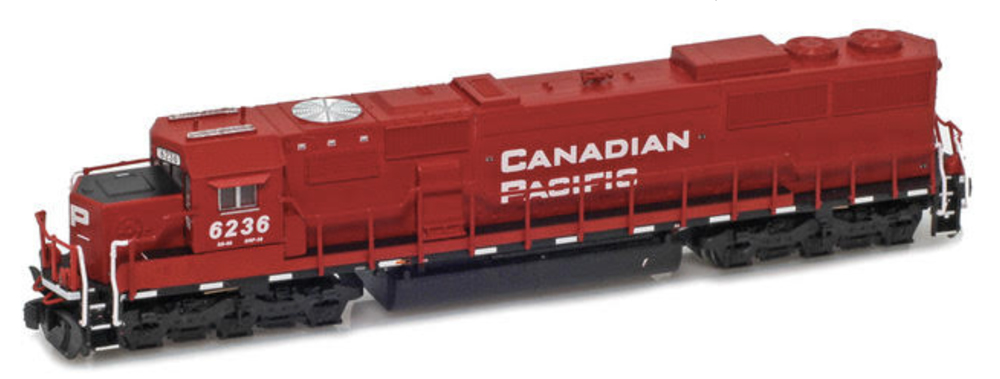 A red model locomotive with white lettering