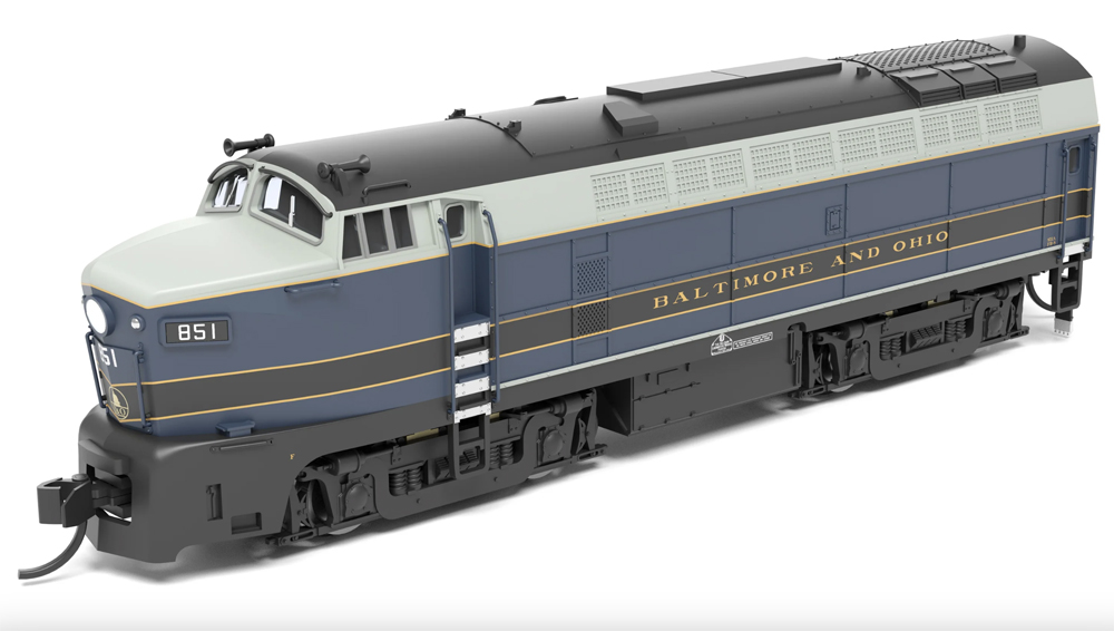 A blue, white and black model locomotive