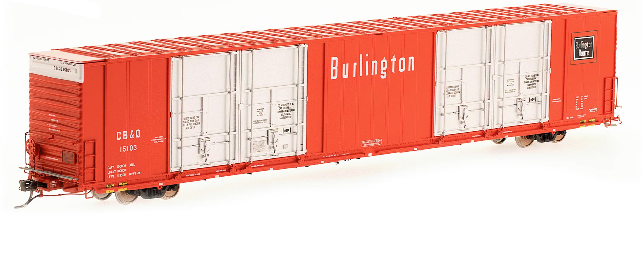 A red and white model boxcar