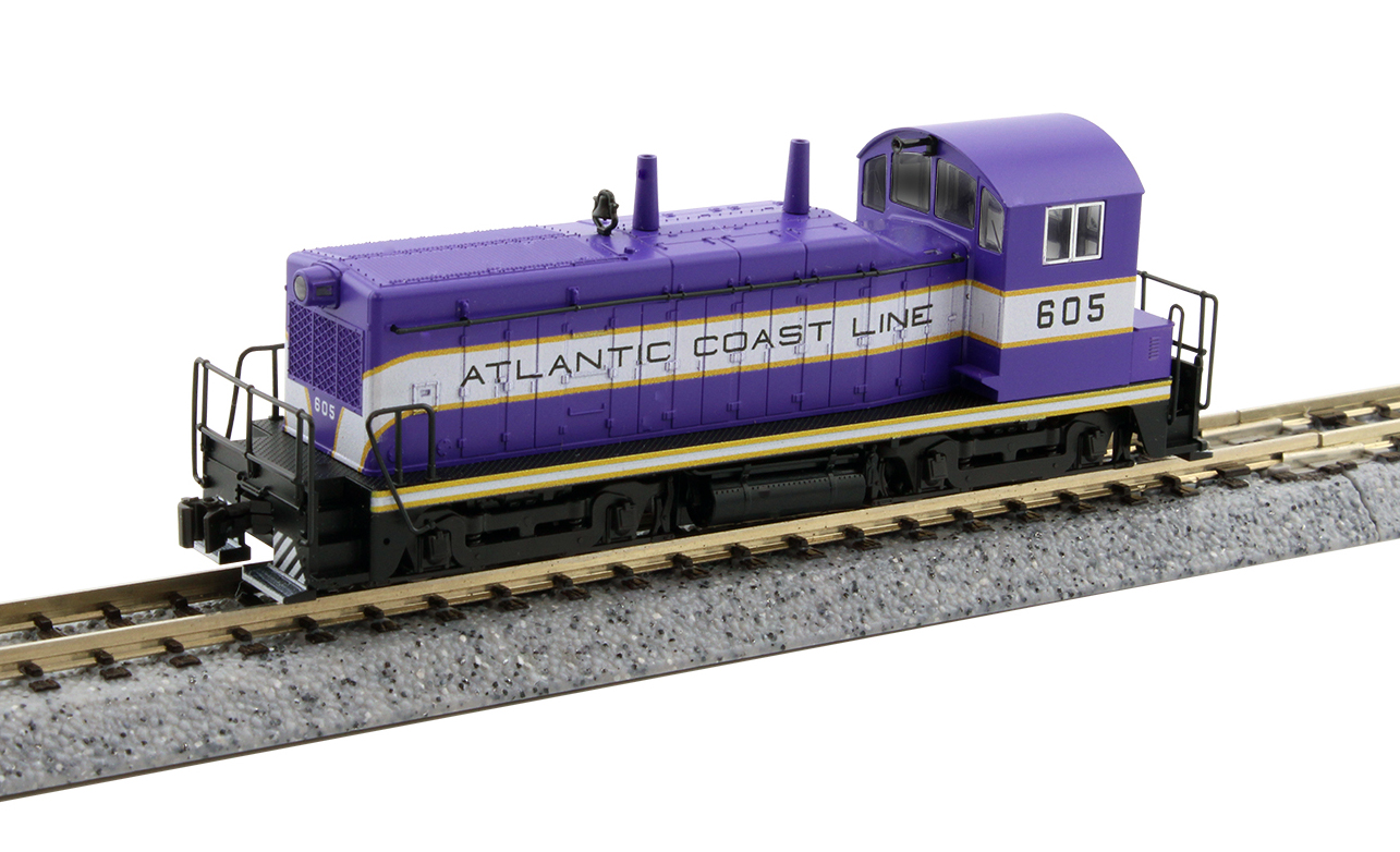 A purple and gray model locomotive
