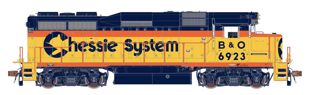 A blue and yellow model locomotive