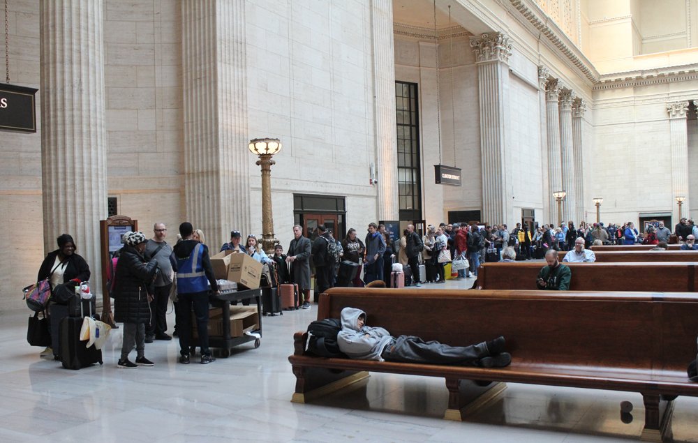 Line of people inside Chicago Union Station