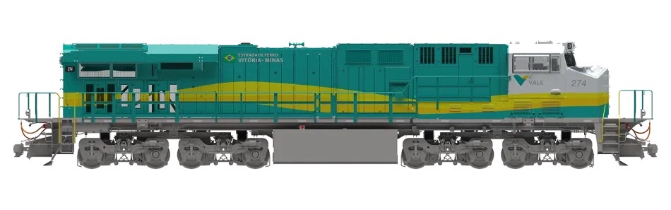 Side-view illustration of green locomotive with gray and yellow trim and four B trucks