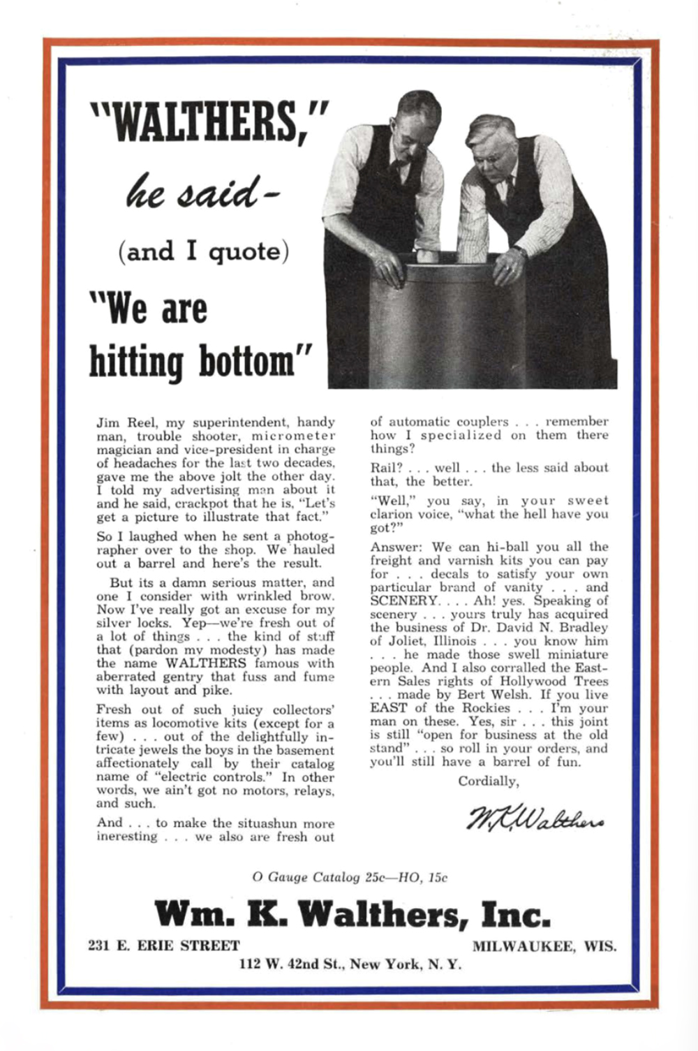 Vintage advertisement showing two men dressed in ties, white shirts, and vests reaching into a steel barrel framed with red, white, and blue stripes on a white background with black text.