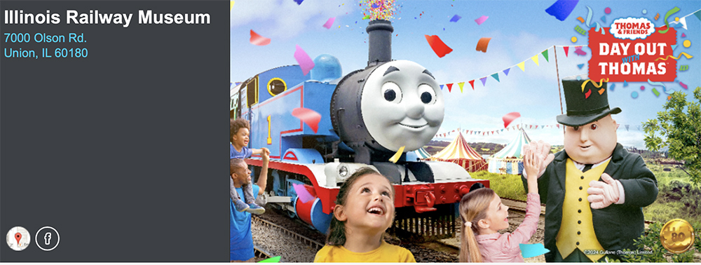 Web advertisement showing a gray box on the left with white text and a colorful photo on the right showing a blue train, children laughing, and an animated fat man in a large black hat, yellow vest, and a black coat.