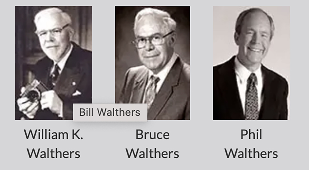 Photo showing three black and white portraits of older men dressed in suites and ties on a gray background with black lettering identifying each man.