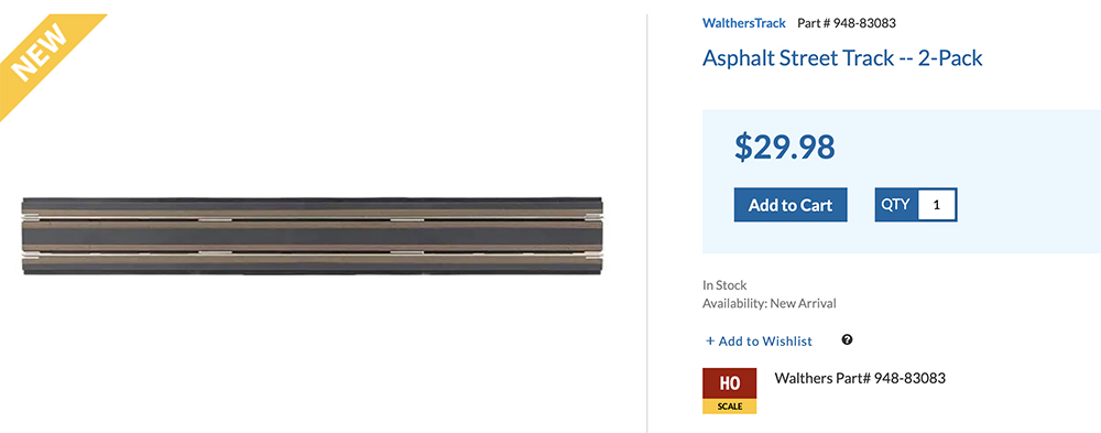 Clipping from a website catalog with a yellow triangle featuring white letters, a blue box with dark blue and white lettering, a white box with black lettering, and a photo of a small section of silver, black, and gray model railroad track.