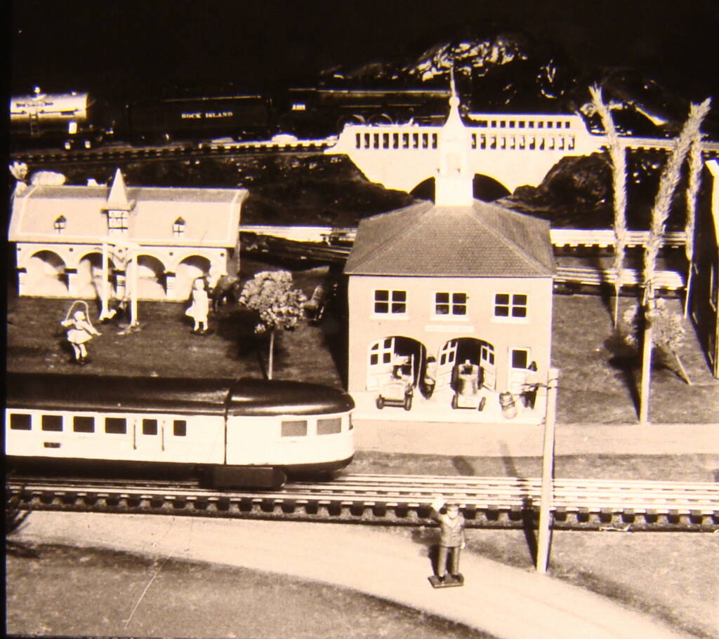 Black and white image on toy train layout