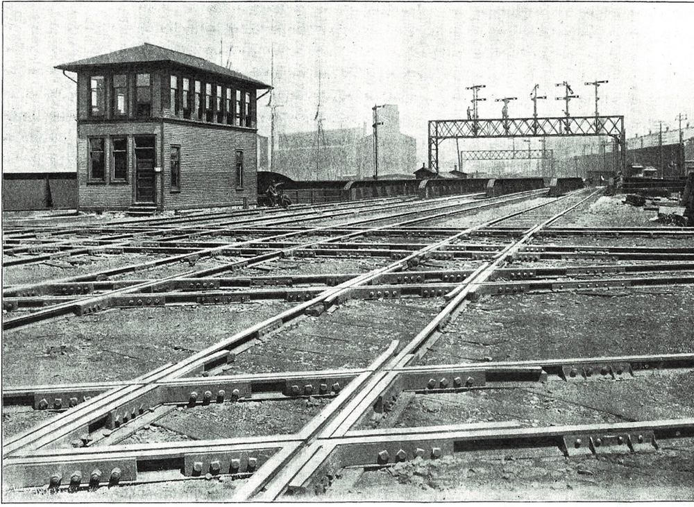 Vintage black and white photo of interlocking tower