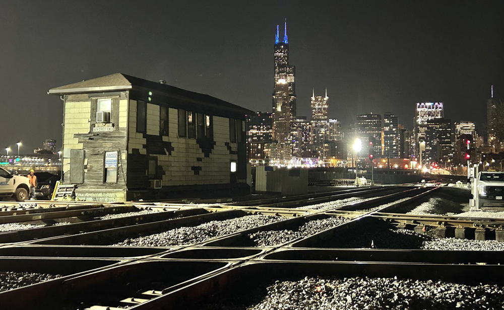 Night view of tower and Chicago skyline