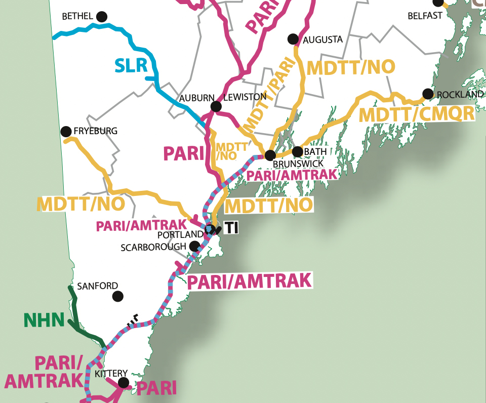 Portion of a Maine state rail map showing the Cumberland & Knox line