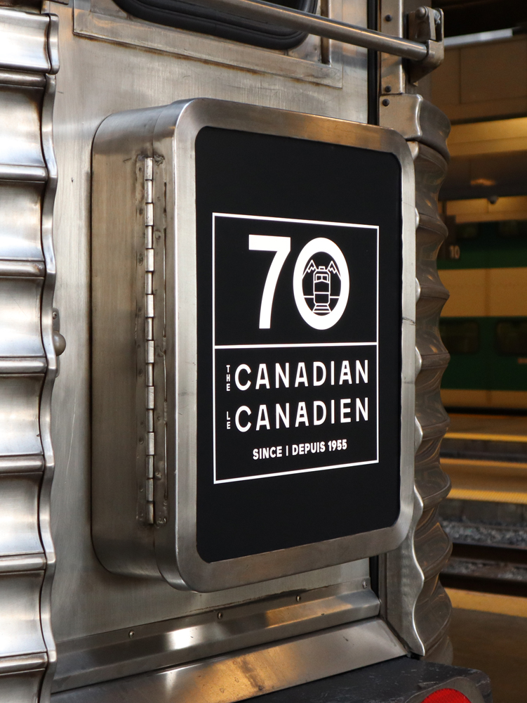 Closeup of 70th anniversary drumhead on Canadian leaving Toronto on April 23, 2025