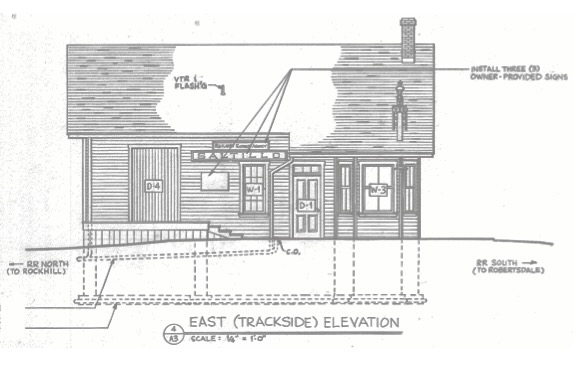 Line drawing of small railroad station