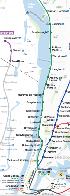 Map of rail line along Hudson River between New York City and Croton-Harmon