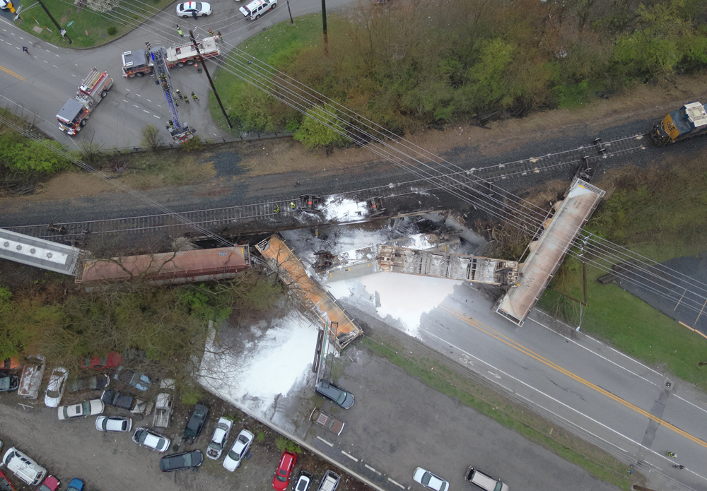 Aerial view of derailed freight cars