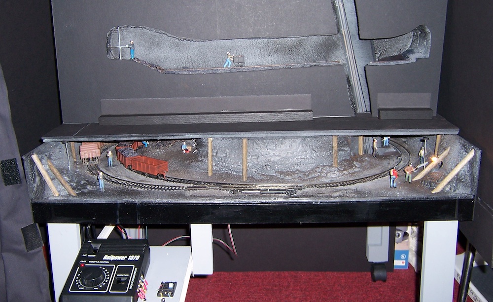 view of mining scene on toy train layout