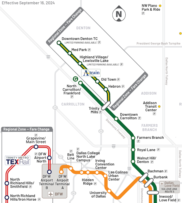 Portion of Dallas-Fort Worth area rail transit map