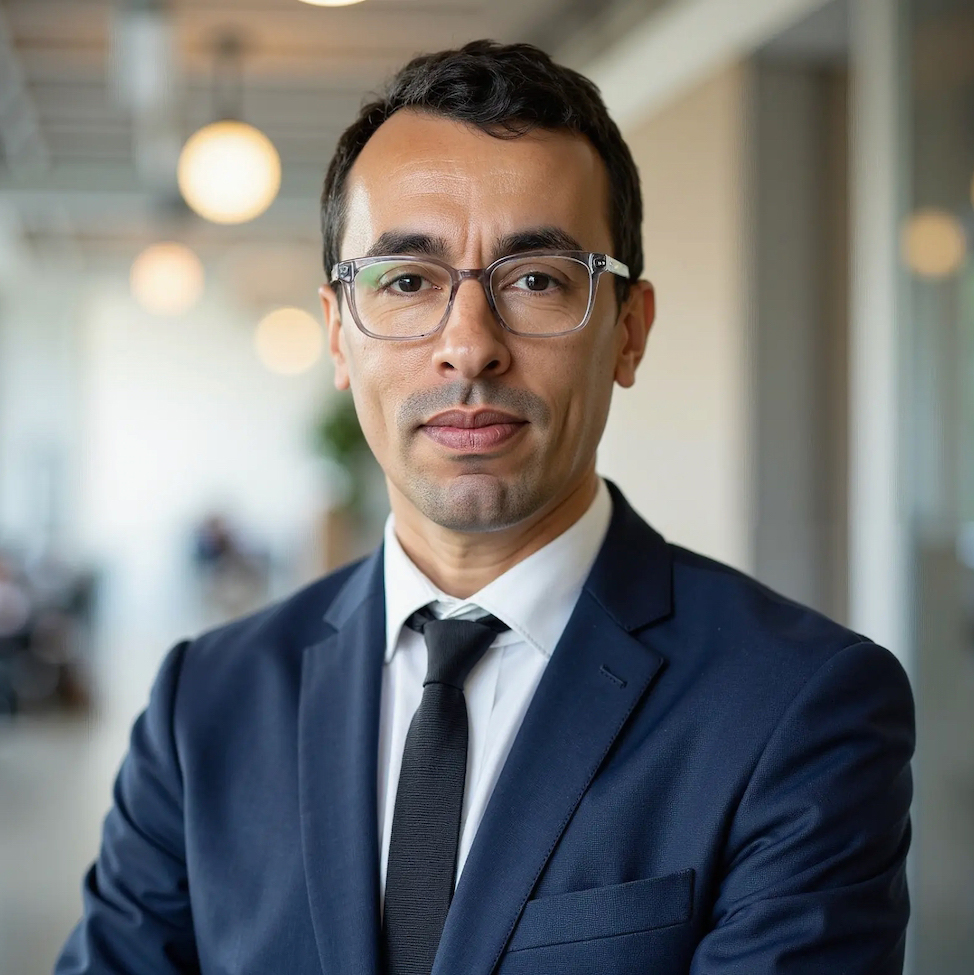 Head shot of man in suit with office in background