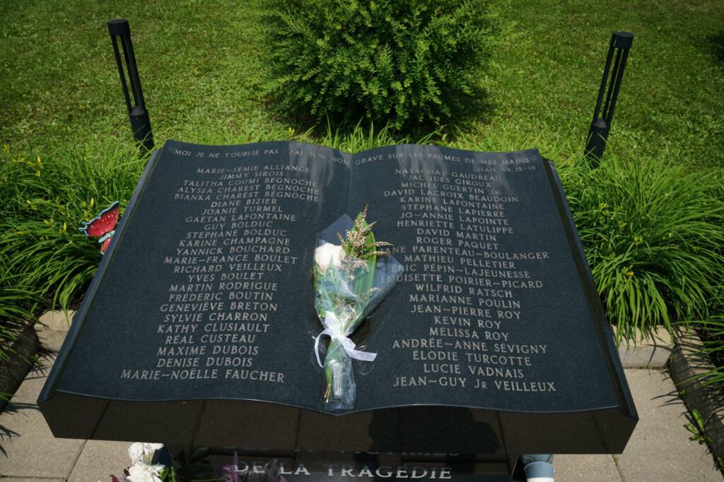 Black stone monument with names of 47 people killed in Lac-Mégantic disaster