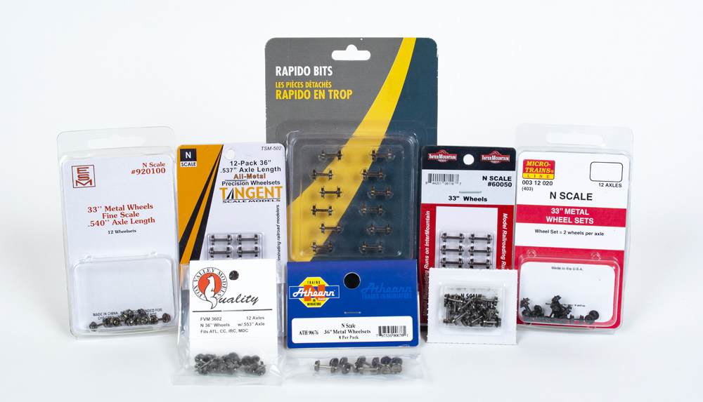 Color photo of N scale wheelsets in packaging