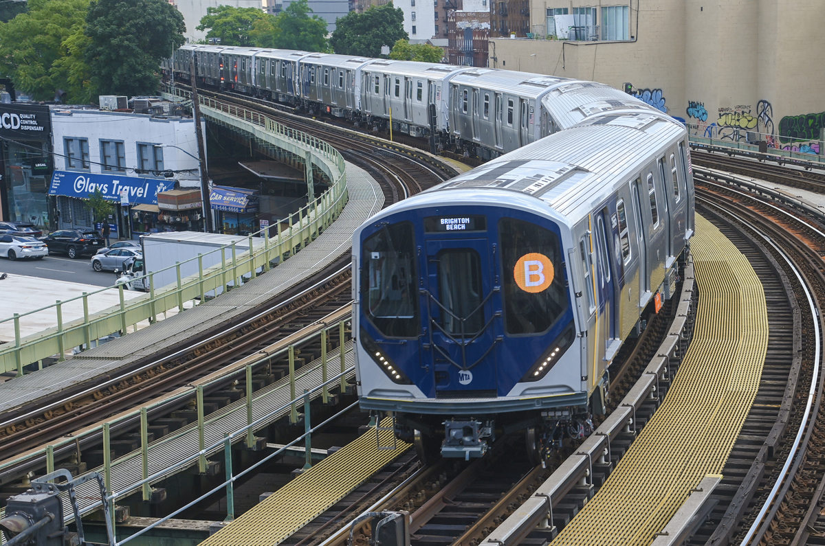 Subway train on curve in open-air segment