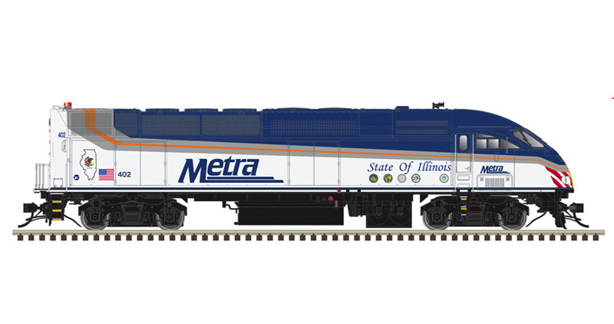 A blue, white and red model locomotive