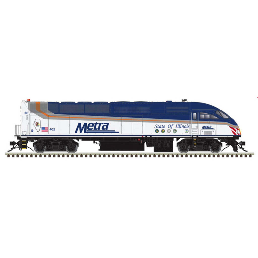 A blue, white and red model locomotive