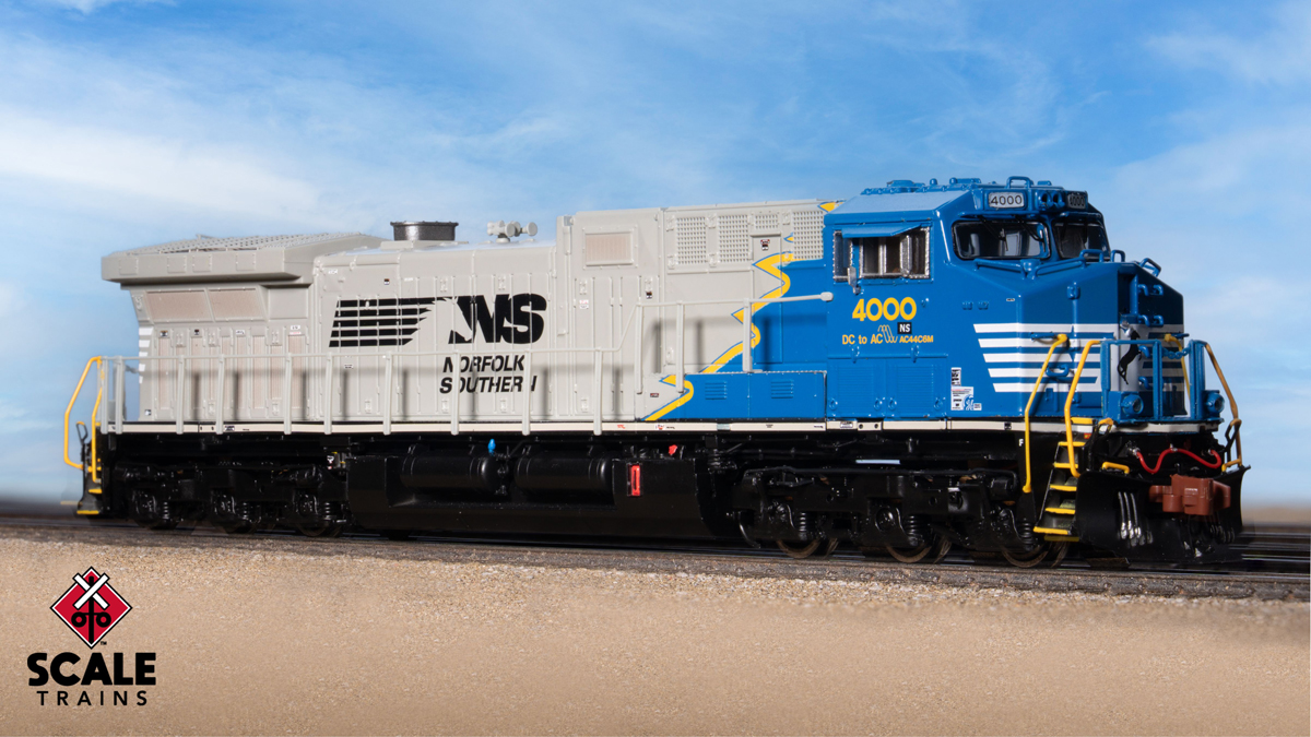 A blue and white model locomotive