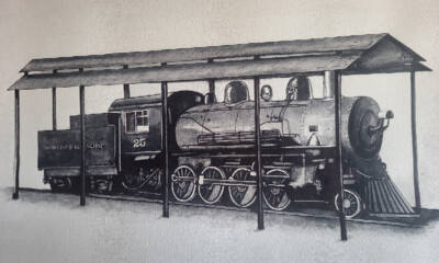 Artist rendering of a steam locomotive under an exhibit roof system.