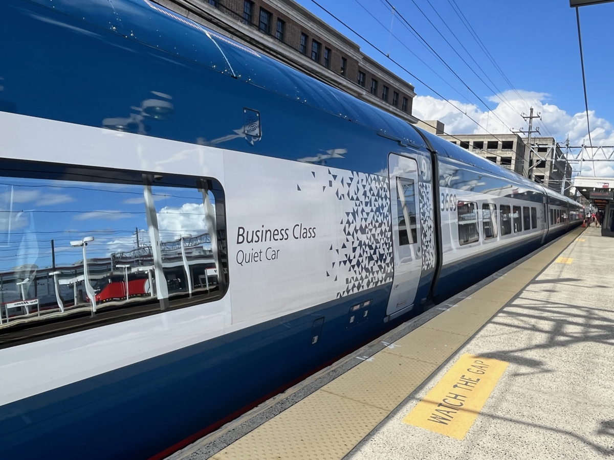 Exterior of blue and white high speed train