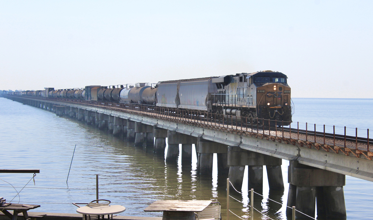 Freight train on long birdge