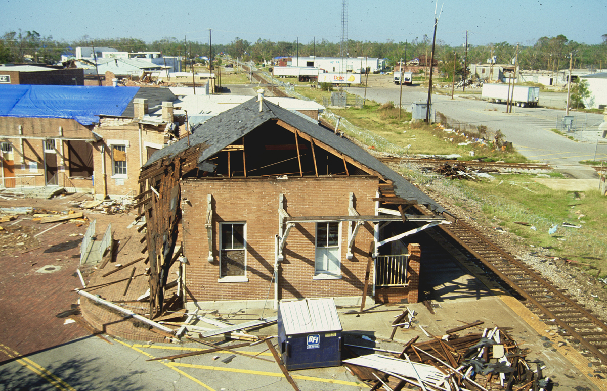 Hurricane-damaged train station among debris, Oct. 9, 2005