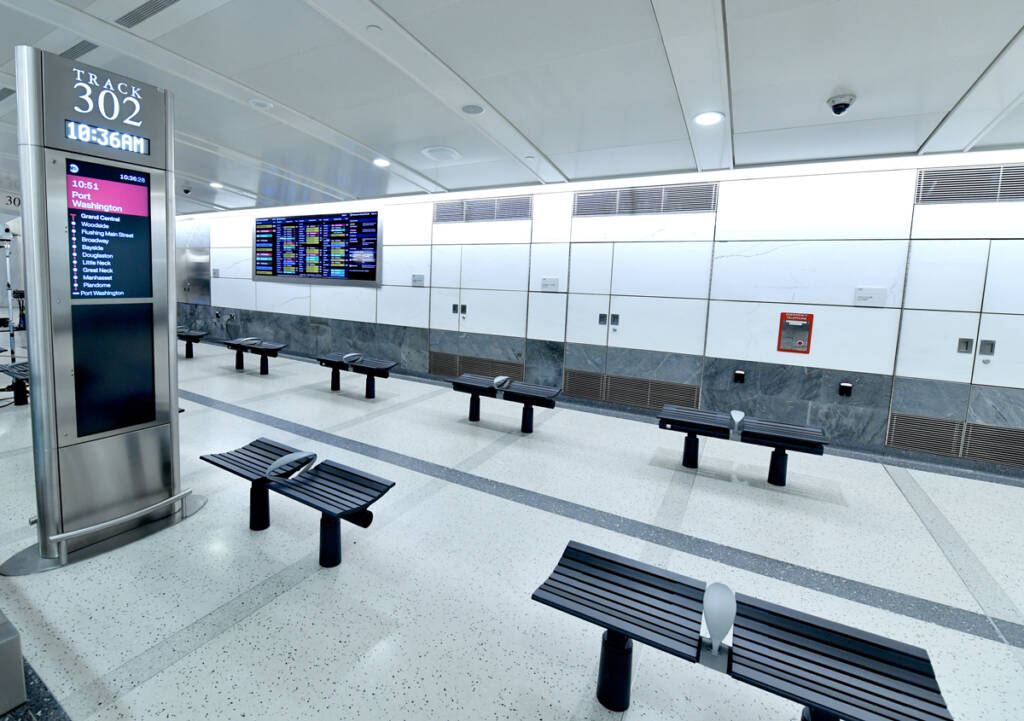 Seats in corridor-like area of train station