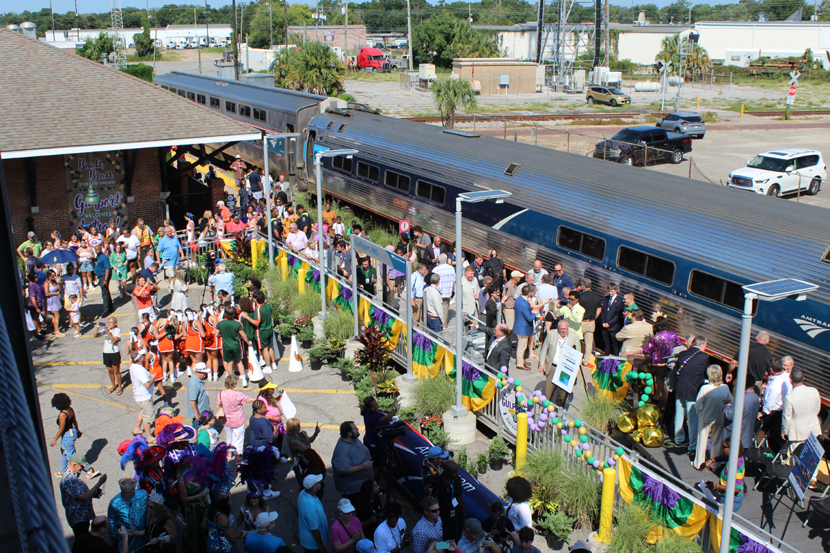 View from parking garage of Gulfport stop on Mardi Gras inauguaral train, Aug. 16, 2025.