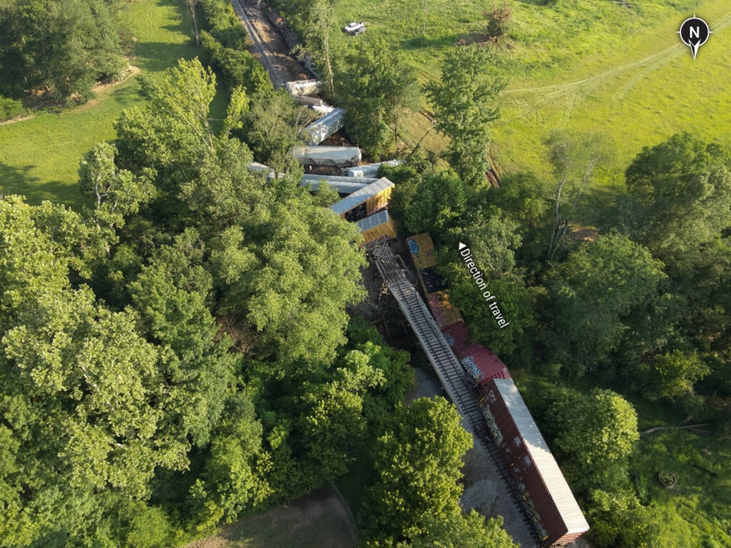 Aerial view of derailed train